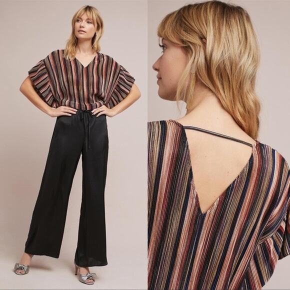 Anthro Vanessa Virginia Top Bienville Metallic Striped Flutter Glam Black Size S - Picture 1 of 12